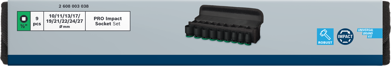 Set Soket Impact Bosch PRO 1/2 inci, 9 buah.